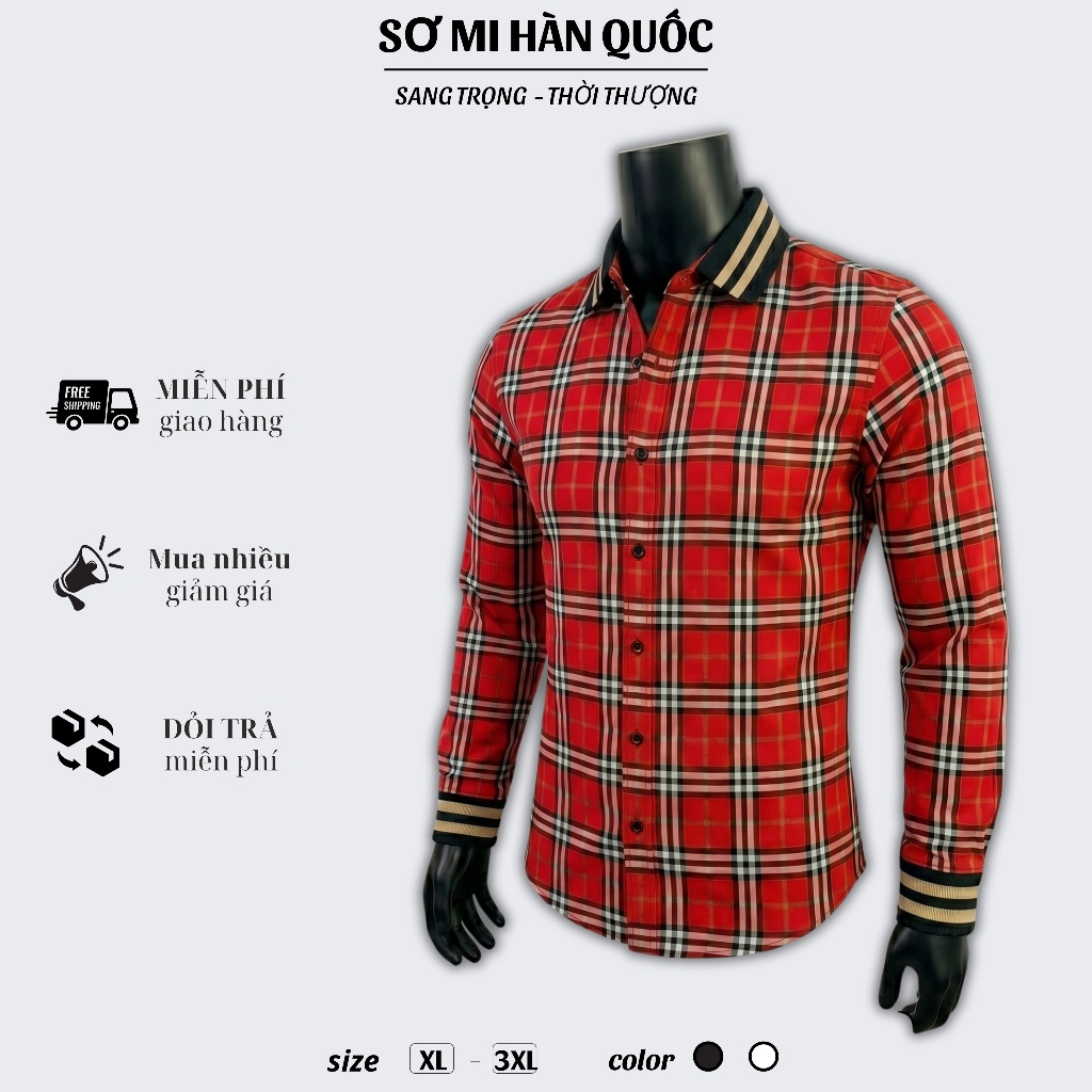 Áo Sơ Mi Caro Nam Phong Cách Hàn Quốc Tay Chun Thanh Lịch Form Slimfit Tôn Dáng Menswear