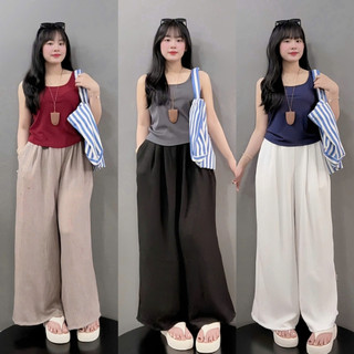Set Bộ Bigsize Nữ Áo Ba Lỗ Dáng Ôm Phối Quần Ống Rộng Sành Điệu Cho Chubby G245+Q564