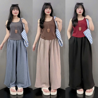 Set Bộ Bigsize Nữ Áo Ba Lỗ Dáng Ôm Phối Quần Ống Rộng Sành Điệu Cho Chubby G245+Q564