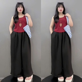 Set Bộ Bigsize Nữ Áo Ba Lỗ Dáng Ôm Phối Quần Ống Rộng Sành Điệu Cho Chubby G245+Q564