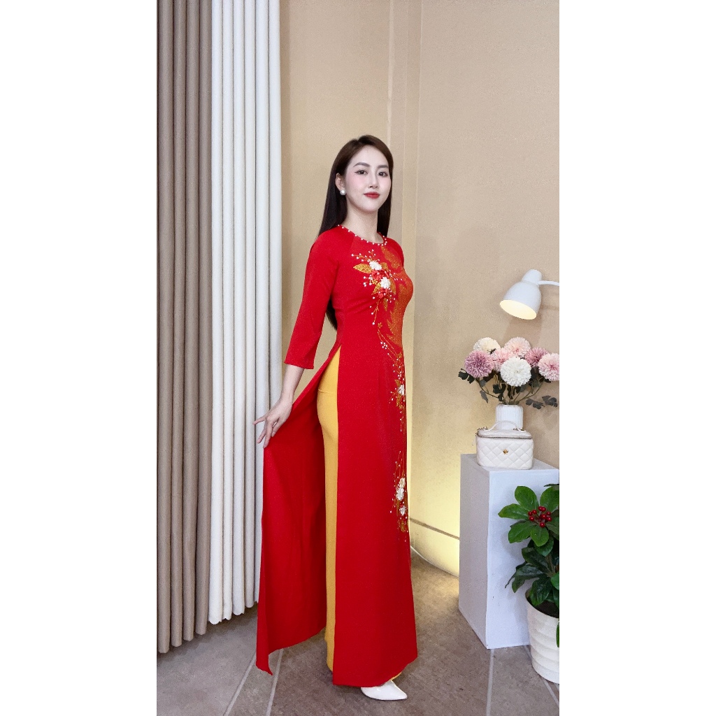 Áo Dài Lụa Mỹ Cao Cấp Họa Tiết Thêu Ruy Băng Nổi + Vẽ Kim Tuyến Thủ Công Tỉ Mỉ - Mã C18