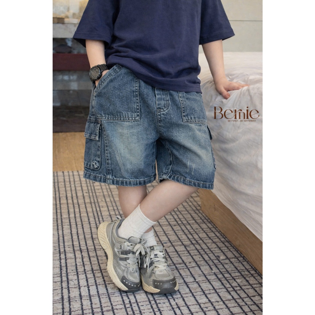 Quần short Jean túi hộp Bernie kiểu dáng năng động phối quần cạp chun co giãn cho bé trai 9-28kg