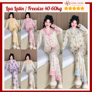 Bộ đồ ngủ nữ pijama 40-60kg dài tay viền ren lụa latin mềm mịn mát lạnh 60DD22, đồ bộ nữ đồ mặc nhà dễ thương cao cấp