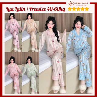Bộ đồ ngủ nữ pijama 40-60kg dài tay viền ren lụa latin mềm mịn mát lạnh 60DD22, đồ bộ nữ đồ mặc nhà dễ thương cao cấp
