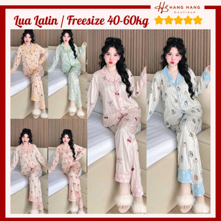 Bộ đồ ngủ nữ pijama 40-60kg dài tay viền ren lụa latin mềm mịn mát lạnh 60DD22, đồ bộ nữ đồ mặc nhà dễ thương cao cấp