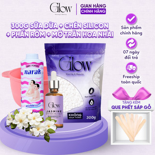 Combo Sáp Wax Lông Sữa Dừa 300gr + Chén Silicon + Mỡ Trăn Hoa Nhài 10ml + Phấn Rôm 25gr GLOW CHE TÊN