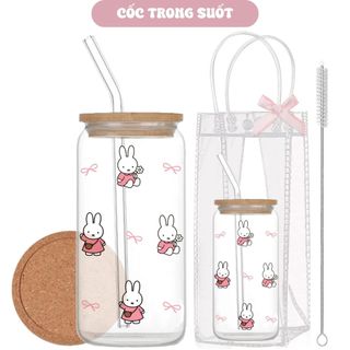 Cốc Thuỷ Tinh Miffy 500ml, Ly Thuỷ Tinh Cute Chịu Nhiệt Kèm Phụ Kiện, Quà Tặng Sinh Nhật