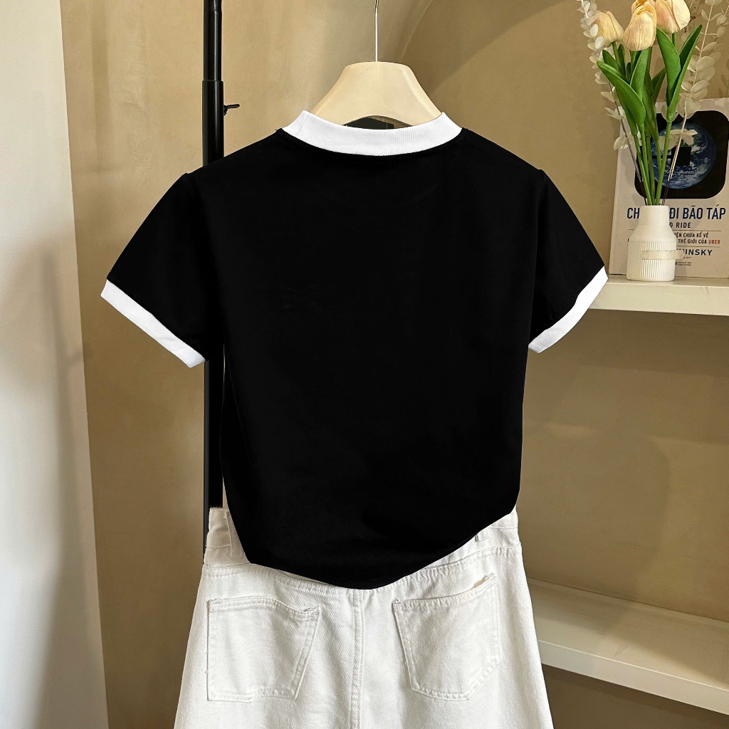 Áo Thun Đen Phối Viền Trắng Xinh Yêu, Chất Cotton Mềm Mịn, Có Kèm Hình Thật.