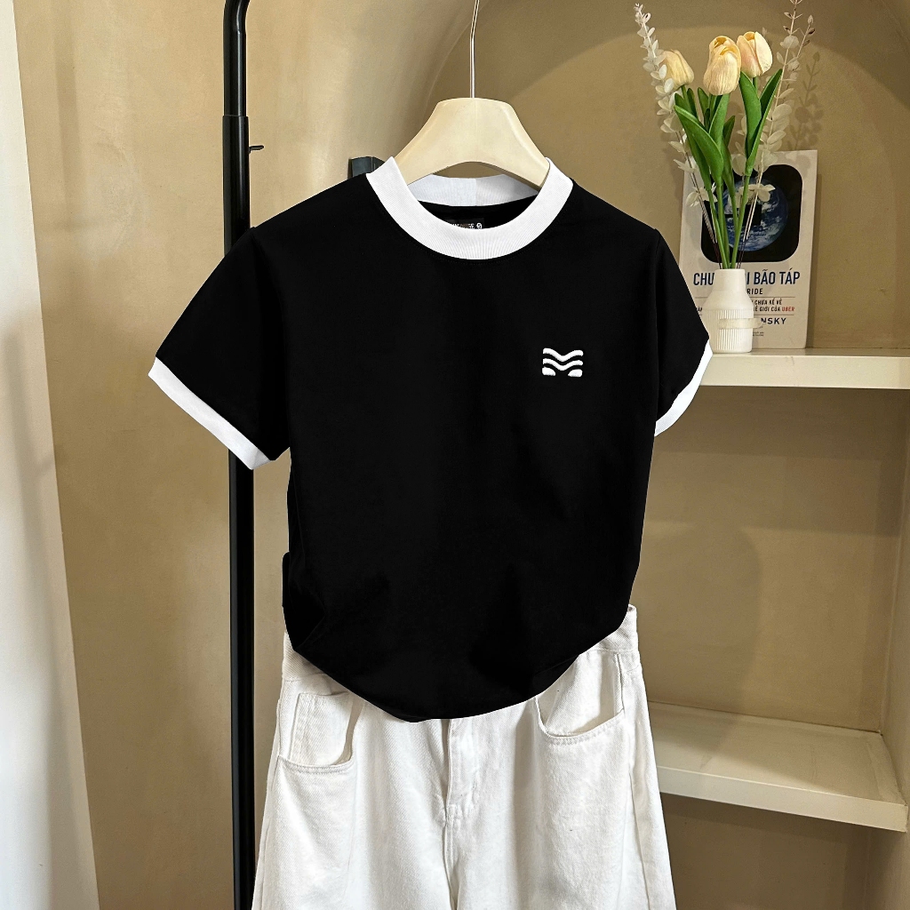 Áo Thun Đen Phối Viền Trắng Xinh Yêu, Chất Cotton Mềm Mịn, Có Kèm Hình Thật.