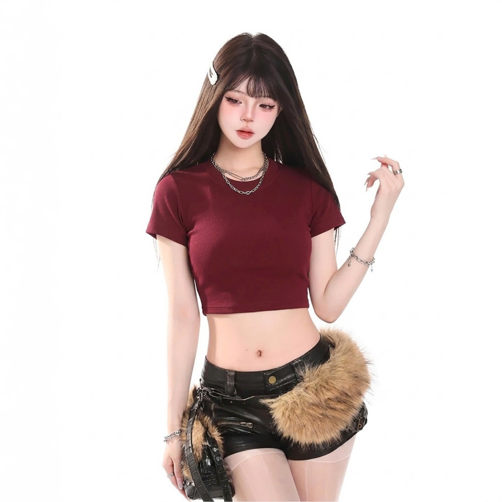 Áo Thun Nữ BABEE Dáng Croptop Tay Ngắn Trơn Basic Cổ Tròn Ôm Body Chất Borip Thoáng Mát Mềm Mại