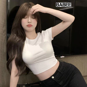 Áo Thun Nữ BABEE Dáng Croptop Tay Ngắn Trơn Basic Cổ Tròn Ôm Body Chất Borip Thoáng Mát Mềm Mại