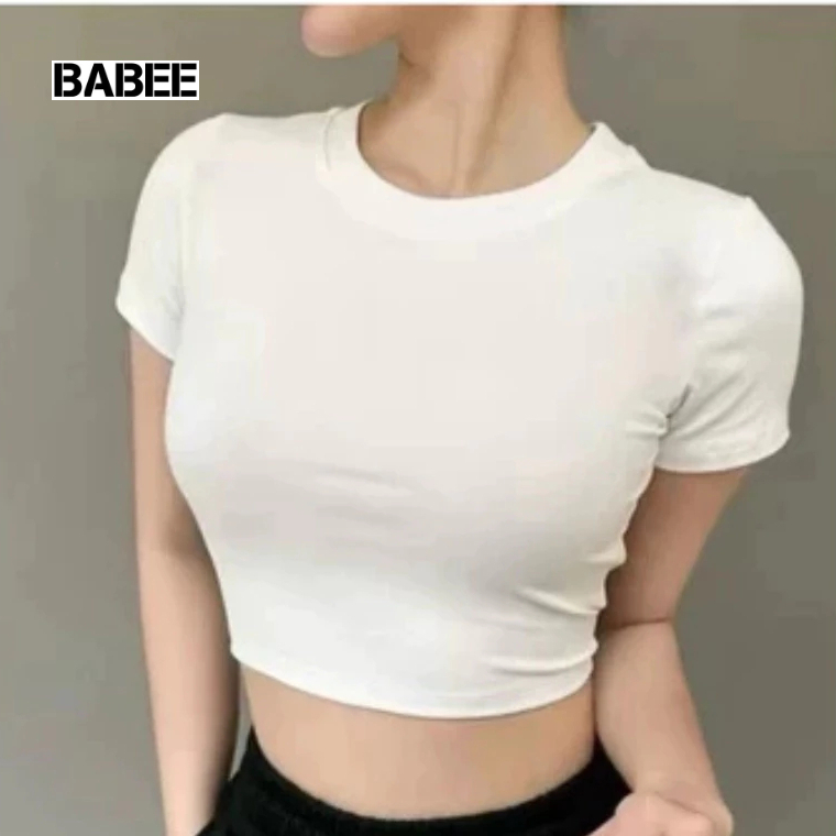 Áo Thun Nữ BABEE Dáng Croptop Tay Ngắn Trơn Basic Cổ Tròn Ôm Body Chất Borip Thoáng Mát Mềm Mại