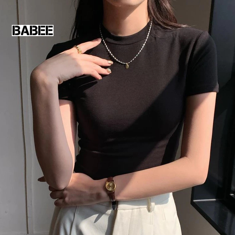 Áo Thun Nữ BABEE Dáng Croptop Tay Ngắn Trơn Basic Cổ Tròn Ôm Body Chất Borip Thoáng Mát Mềm Mại