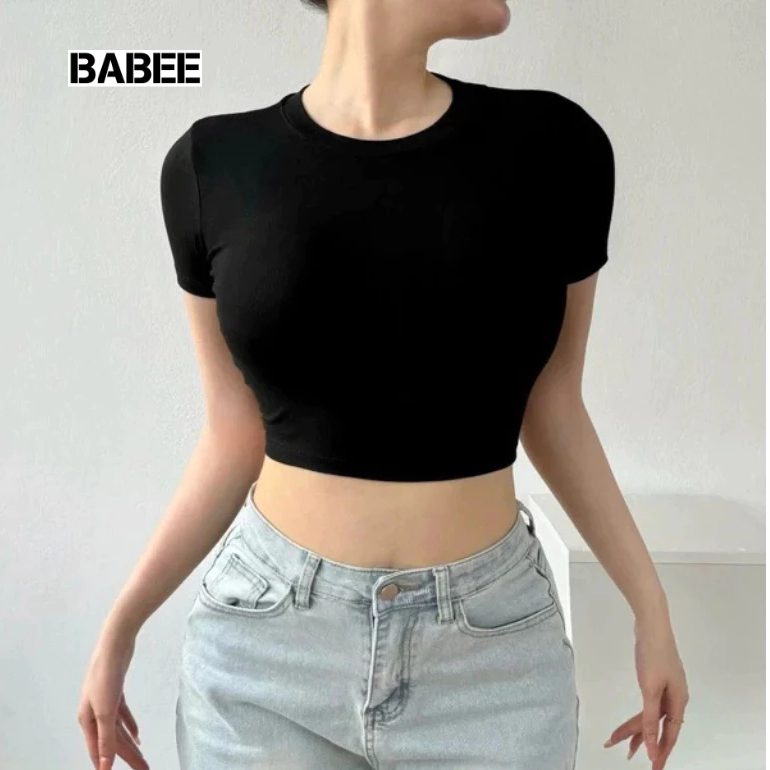 Áo Thun Nữ BABEE Dáng Croptop Tay Ngắn Trơn Basic Cổ Tròn Ôm Body Chất Borip Thoáng Mát Mềm Mại
