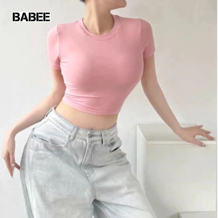 Áo Thun Nữ BABEE Dáng Croptop Tay Ngắn Trơn Basic Cổ Tròn Ôm Body Chất Borip Thoáng Mát Mềm Mại