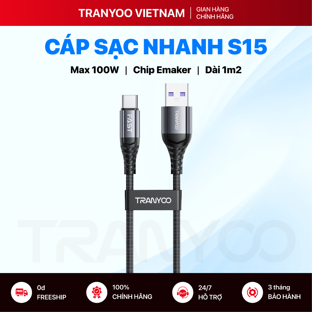 Cáp Sạc Nhanh TRANYOO S15 Hỗ Trợ Sạc Nhanh PD 20W Sạc Nhanh Cho Điện Thoại Bọc Dù Bền Bỉ