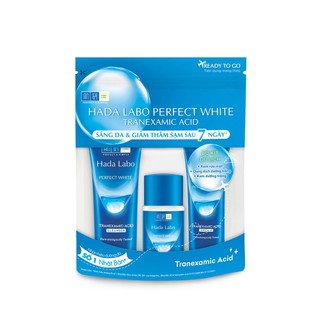 Bộ travel size dưỡng trắng Hada Labo Perfect White Tranexamic Acid Travel Set(Sữa rửa mặt 15g+Lotion 20ml+Kem dưỡng 12g)