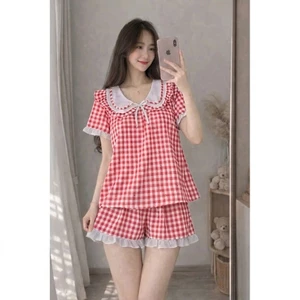 Set Đồ Bộ Tay Ngắn, Thắt Nơ Sọc Caro Cổ Bèo Viền Ren Nữ Tính – Vải Kate Lụa Mềm Mát Freesize Dưới 50kg (Đủ Màu