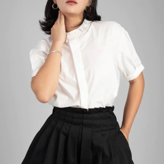 [HOẢ TỐC] Áo Sơ Mi Nữ Cổ Trụ Tay Ngắn Form Suông Phong Cách Công Sở Hàn Quốc | Sander Shirt Premium