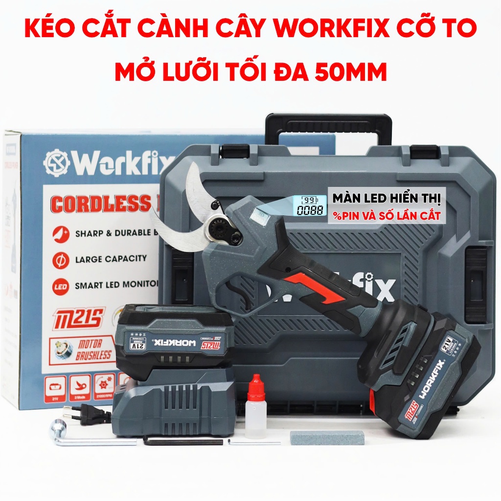 Kéo Cắt Cành Pin Workfix WF-CP3050BL Cắt 5cm Siêu Khỏe, Không Chổi Than, Màn LED, Full 2 Pin + Sạc + Hộp