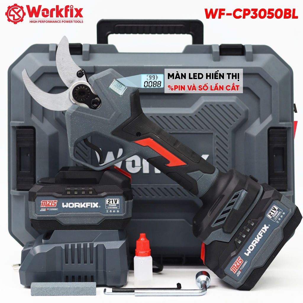 Kéo Cắt Cành Pin Workfix WF-CP3050BL Cắt 5cm Siêu Khỏe, Không Chổi Than, Màn LED, Full 2 Pin + Sạc + Hộp