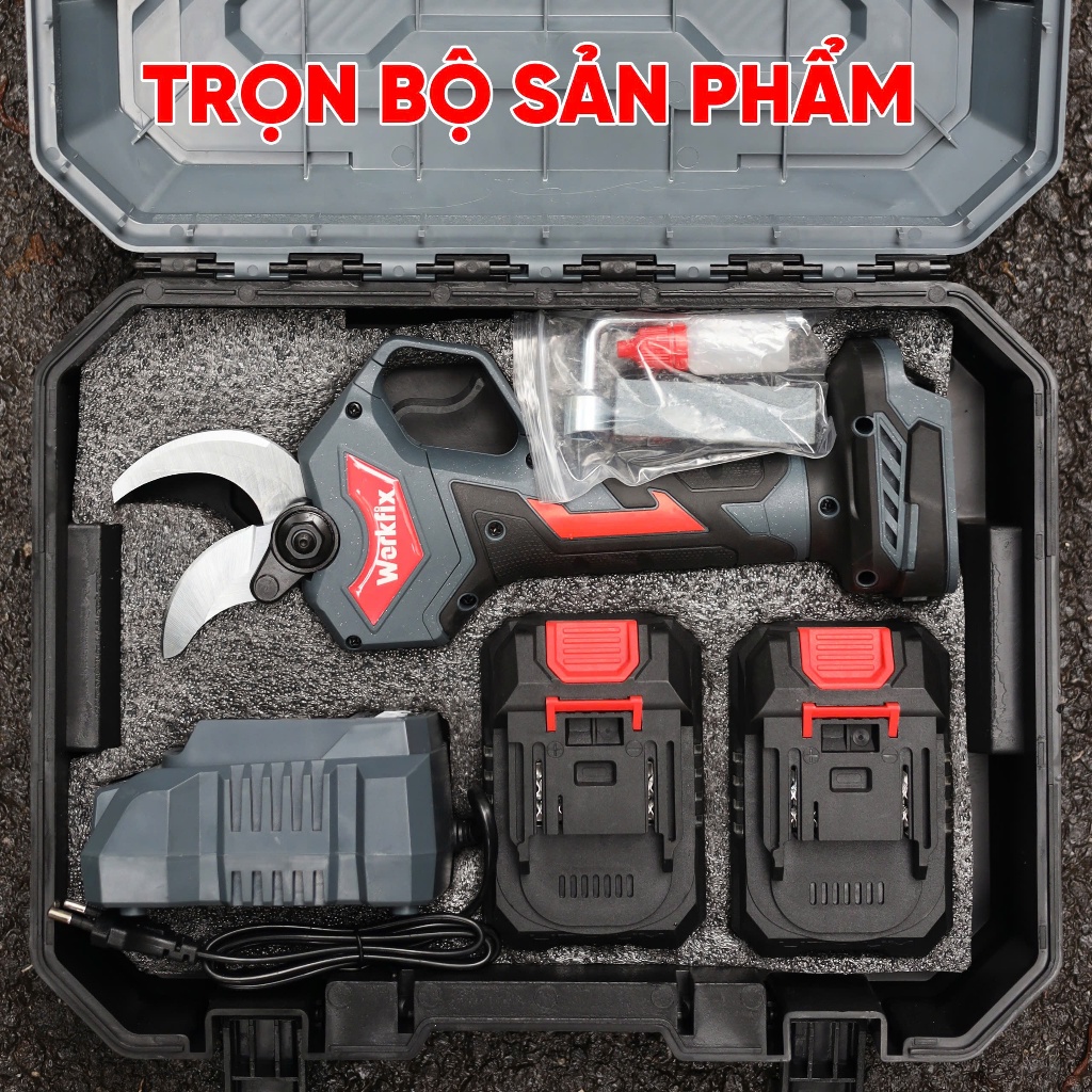 Kéo Cắt Cành Pin Workfix WF-CP3050BL Cắt 5cm Siêu Khỏe, Không Chổi Than, Màn LED, Full 2 Pin + Sạc + Hộp