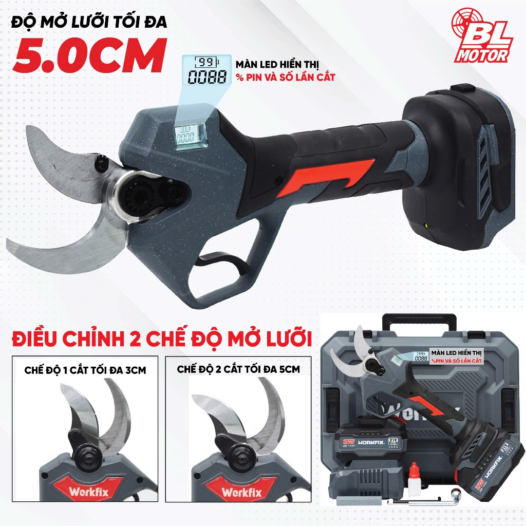 Kéo Cắt Cành Pin Workfix WF-CP3050BL Cắt 5cm Siêu Khỏe, Không Chổi Than, Màn LED, Full 2 Pin + Sạc + Hộp