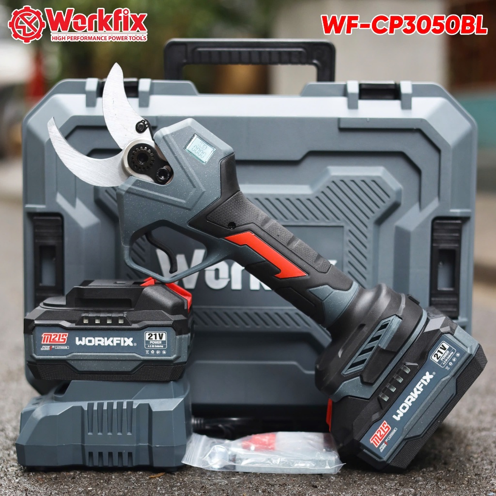 Kéo Cắt Cành Pin Workfix WF-CP3050BL Cắt 5cm Siêu Khỏe, Không Chổi Than, Màn LED, Full 2 Pin + Sạc + Hộp