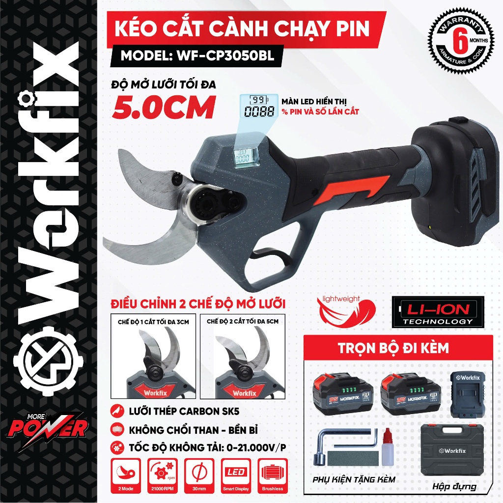 Kéo Cắt Cành Pin Workfix WF-CP3050BL Cắt 5cm Siêu Khỏe, Không Chổi Than, Màn LED, Full 2 Pin + Sạc + Hộp