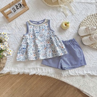 Set Bộ Hè Hoa Nhí Nhún Eo Cho Bé Gái Chất Thô Lụa 8-26kg