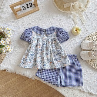[8-26kg] Set Bộ Cổ Sen Cộc Tay Đính Nơ Cho Bé Gái Chất Thô Lụa Xanh- Vàng
