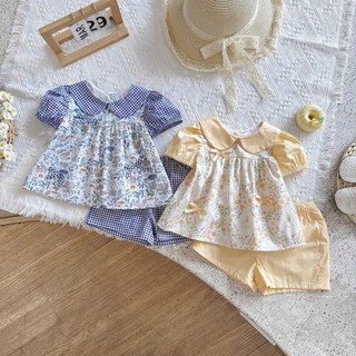 [8-26kg] Set Bộ Cổ Sen Cộc Tay Đính Nơ Cho Bé Gái Chất Thô Lụa Xanh- Vàng