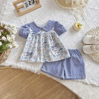 [8-26kg] Set Bộ Cổ Sen Cộc Tay Đính Nơ Cho Bé Gái Chất Thô Lụa Xanh- Vàng