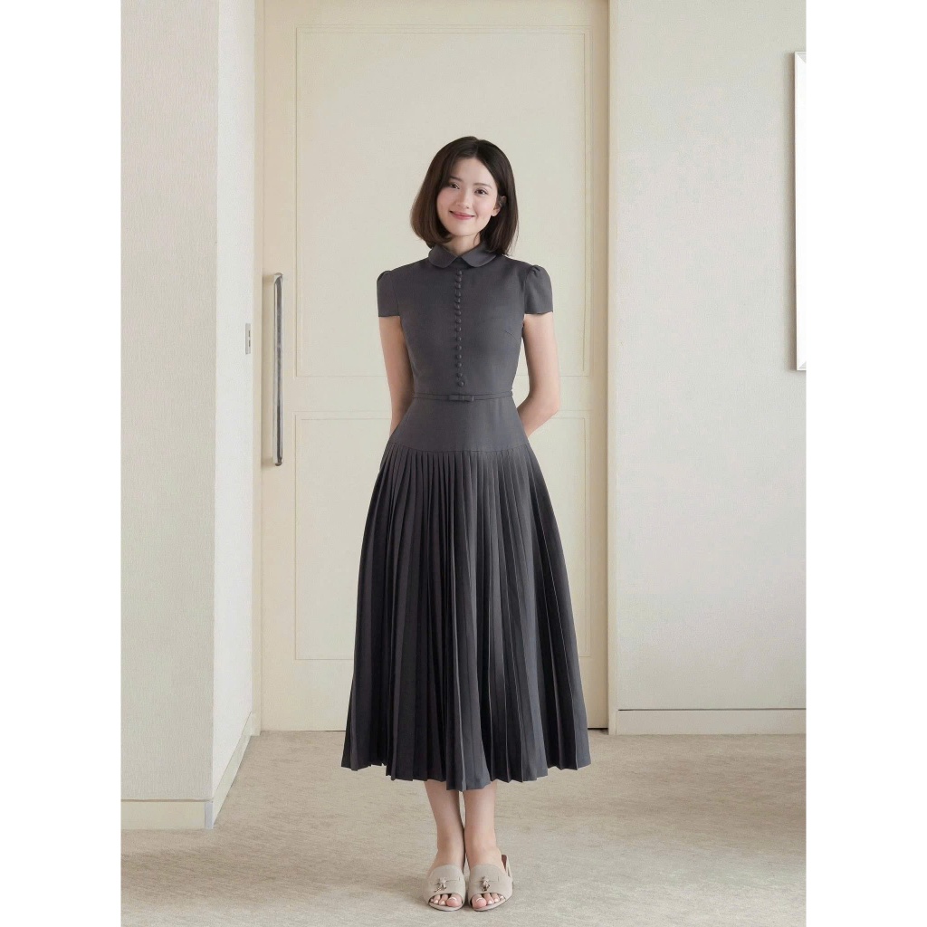 ZIMM STORE-Váy dài màu xám tay ngắn cổ sơ mi phối thắt lưng mảnh dáng xếp ly cực tôn dáng