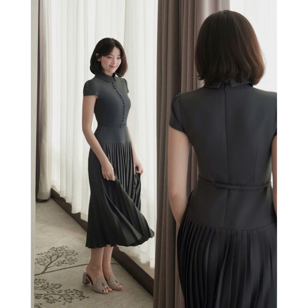 ZIMM STORE-Váy dài màu xám tay ngắn cổ sơ mi phối thắt lưng mảnh dáng xếp ly cực tôn dáng