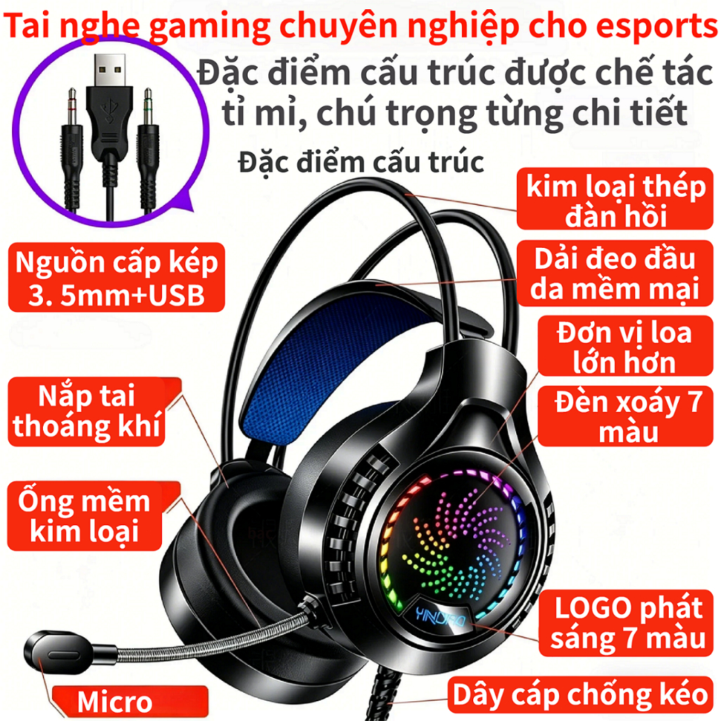 Tai Nghe Chơi Game Q7 Chuyên Nghiệp Cho Game Thủ Pro Đơn Vị Cuộn Ruby Âm Thanh 3 Dải Tần Cân Bằng Đèn LED 7 Màu Mic Thu