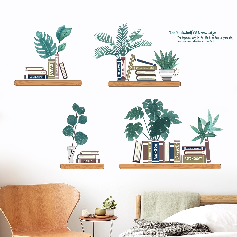 Decal Dán Tường Kệ Sách Cây Xanh Có Keo Sẵn 95x76cm - Trang Trí Phòng Ngủ Phòng Làm Việc
