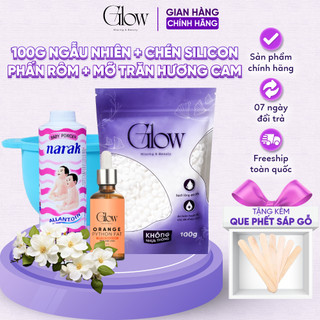 Combo 100Gr Sáp Ngẫu Nhiên GLOW + Chén Silicon Nấu Sáp + Phấn Rôm Narak + Mỡ Trăn Hương Cam 10ML