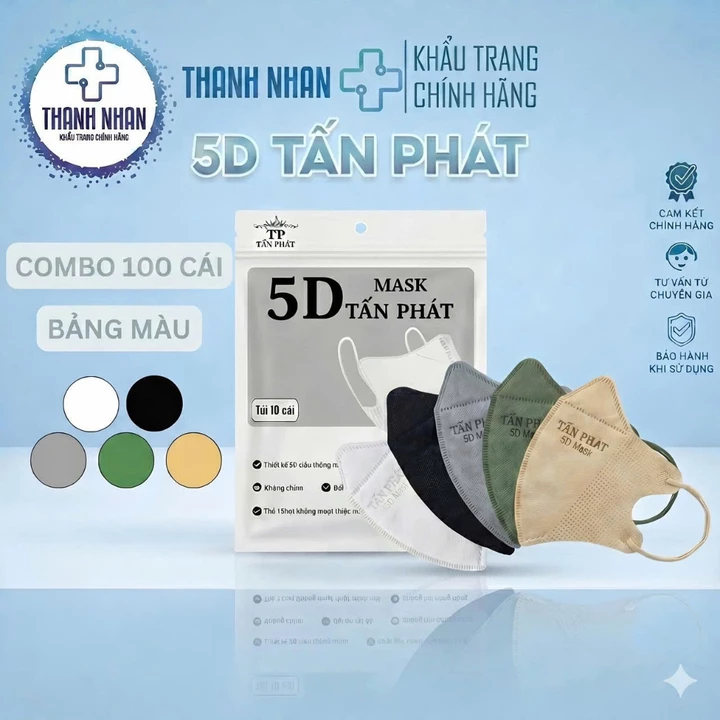 [Combo 100 Cái] Khẩu Trang 5D Tấn Phát Chính Hãng 3 Lớp, Chống Bụi Mịn, Không Lem Son