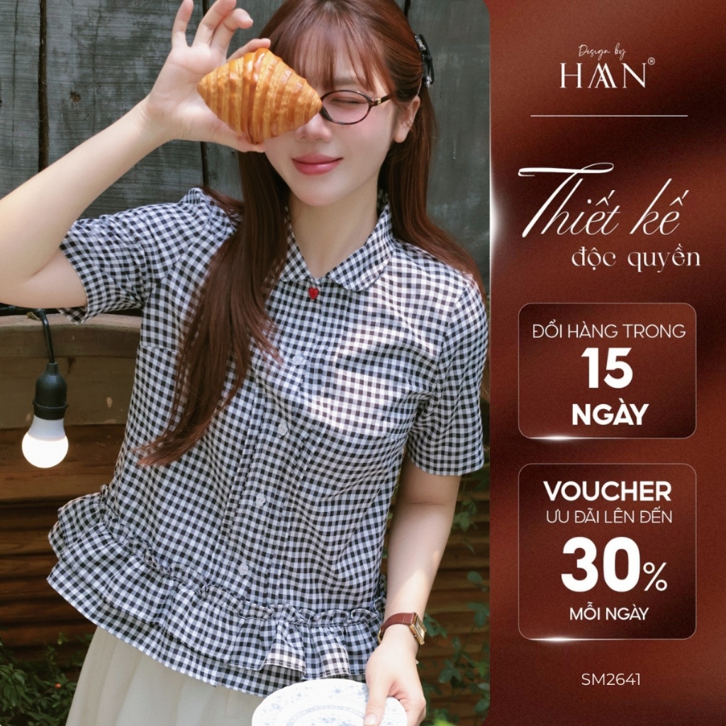 Áo Sơ Mi Nữ Tay Ngắn Kẻ Caro Đen Trắng Vạt Bèo - HAAN Design SM2641