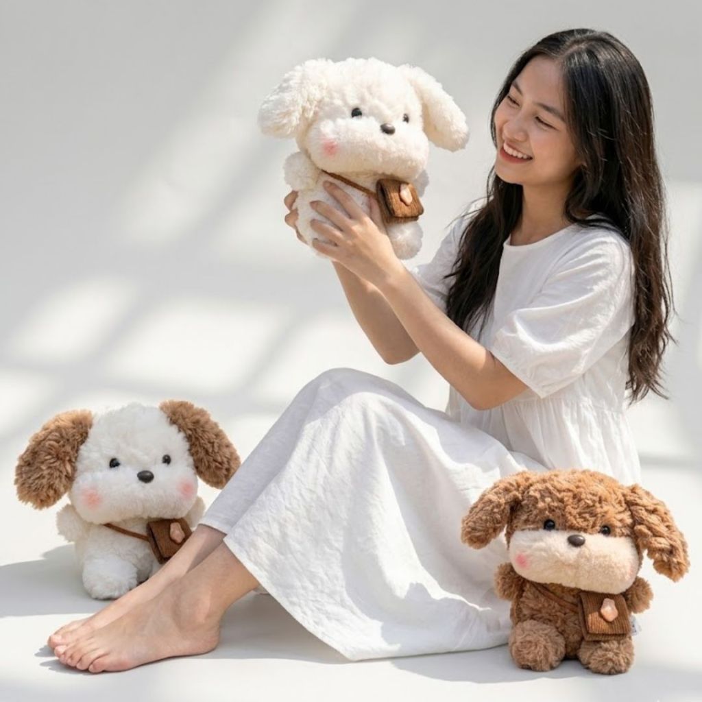 Gấu Bông Chó Tai Cụp Đeo Túi Chéo Siêu Dễ Thương, Thú Nhồi Bông Chó Con Lông Xù Mềm Mại Làm Quà Tặng Cho Bé