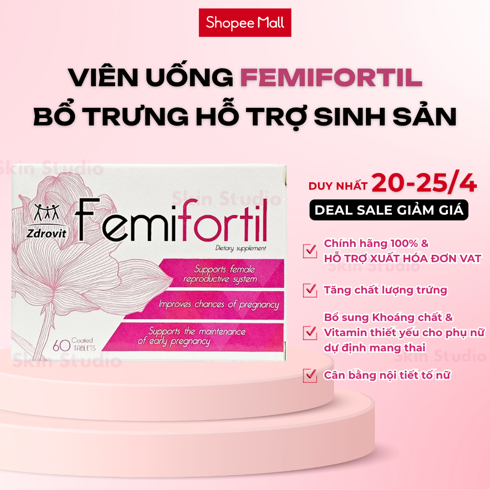[DATE 2028] Viên Uống FEMIFORTIL Bổ Trứng,Tăng Khả Năng Thụ Thai 60V chứa Axit Folic chuẩn bị thả bầu, hiếm muộn, IVF