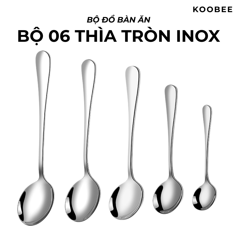 Bộ 6 Cái Muỗng Thìa Inox KOOBEE – 5 Size Miệng Thon & 5 Size Miệng Tròn, Chống Trượt, Sáng Bóng, Dày Dặn Cao Cấp 1010
