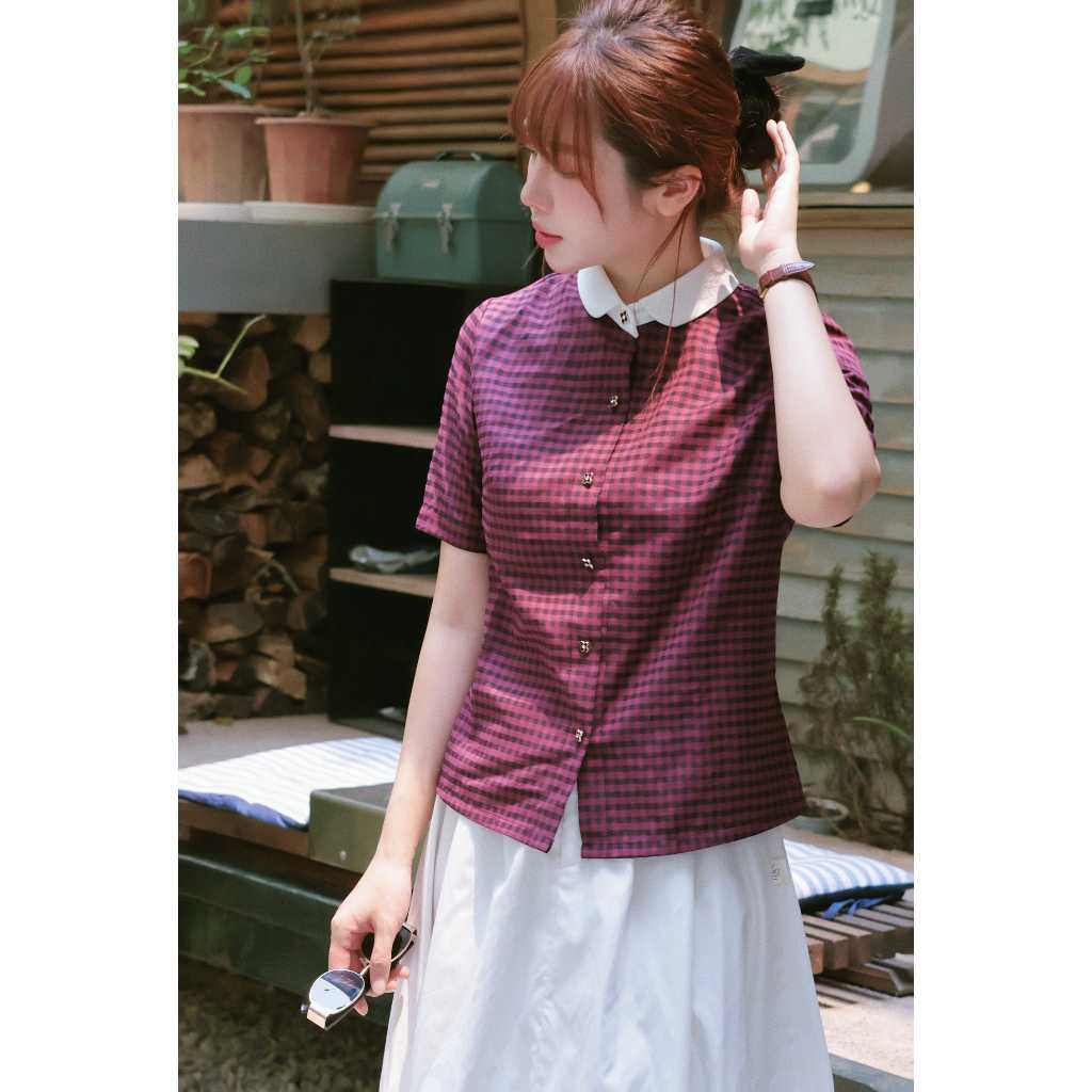 Áo Sơ Mi Công Sở Nữ Ngắn Tay Kẻ Đỏ Mix Cổ Trắng - HAAN Design SM2644