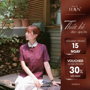 Áo Sơ Mi Công Sở Nữ Ngắn Tay Kẻ Đỏ Mix Cổ Trắng - HAAN Design SM2644