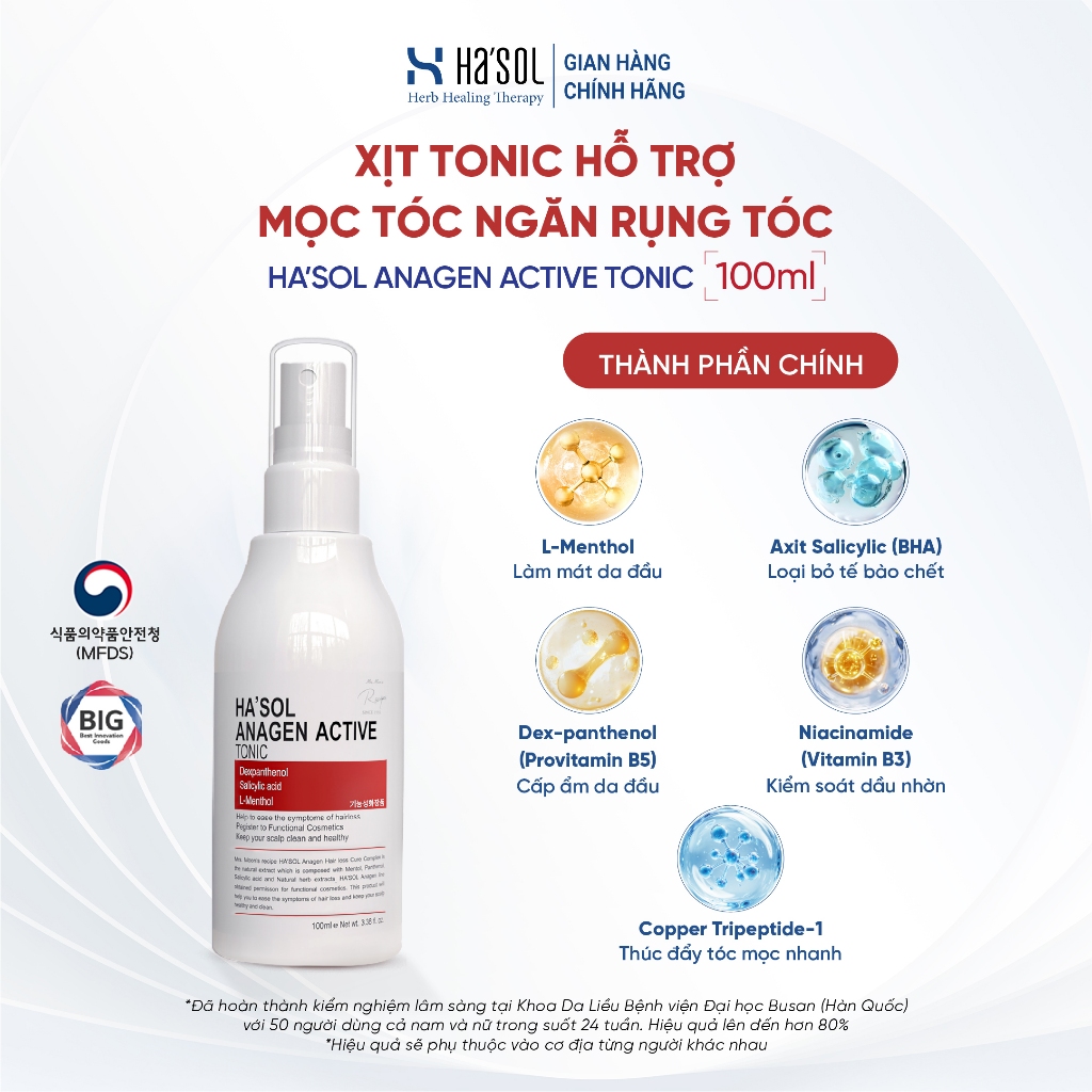 Xịt Tonic Hasol - Dưỡng Nang Tóc, Hỗ Trợ Mọc Tóc, Ngăn Rụng Dành Cho Tóc Rụng Mỏng Yếu Ha'sol Anagen Active Tonic 100ml
