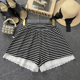 Quần Short Bigsize Nữ Kẻ Sọc Ngang Phối Viền Ren Dễ Thương Năng Động Cho Chubby Q578 Q579