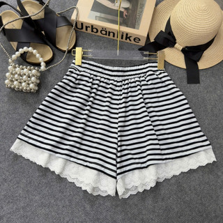 Quần Short Bigsize Nữ Kẻ Sọc Ngang Phối Viền Ren Dễ Thương Năng Động Cho Chubby Q578 Q579