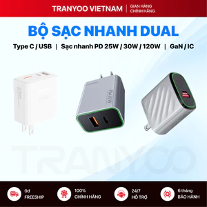 Bộ Sạc Nhanh 2 Cổng TRANYOO Công Nghệ GaN IC Type C USB Sạc Nhanh Chuẩn PD 18W 25W 30W 120W