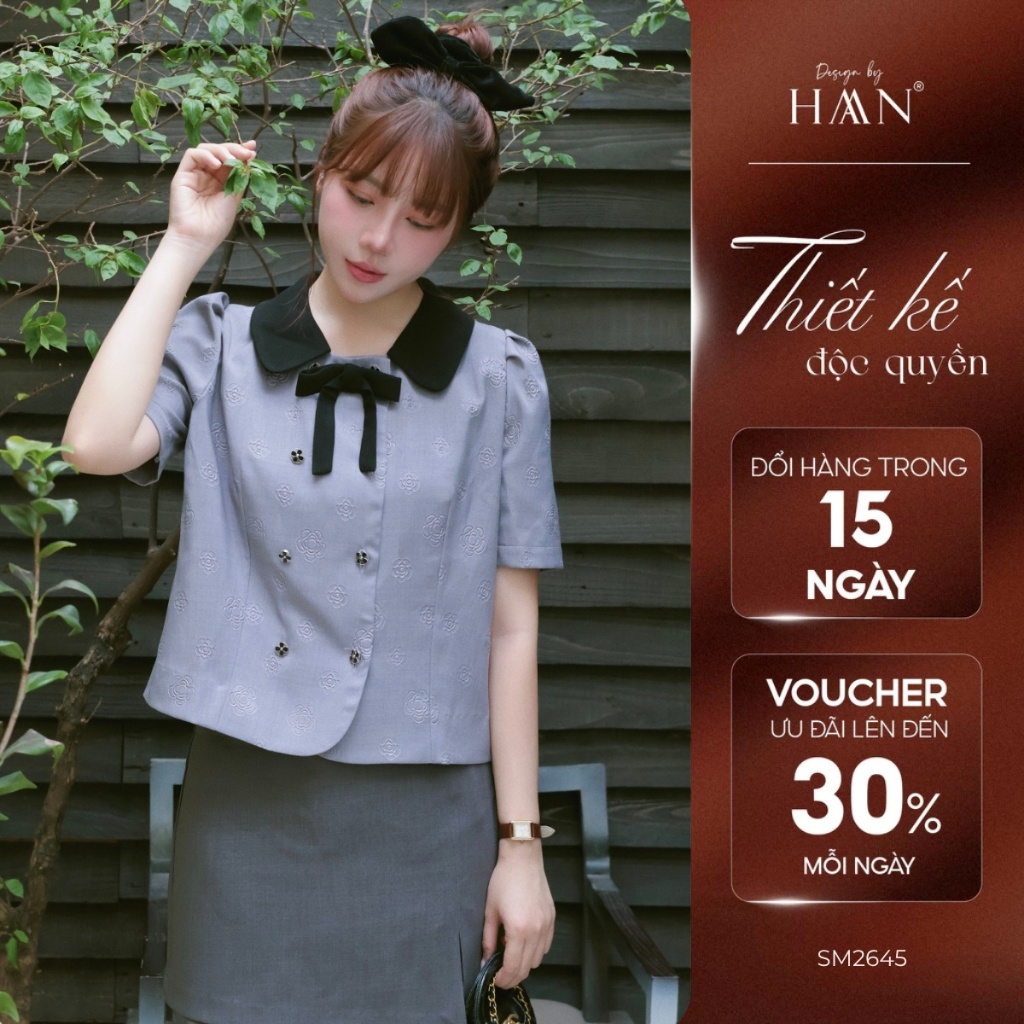 Áo Sơ Mi Nữ Tay Ngắn Họa Tiết Hoa Trà Mix Cổ Đen Màu Ghi Xám/Hồng - HAAN Design SM2645
